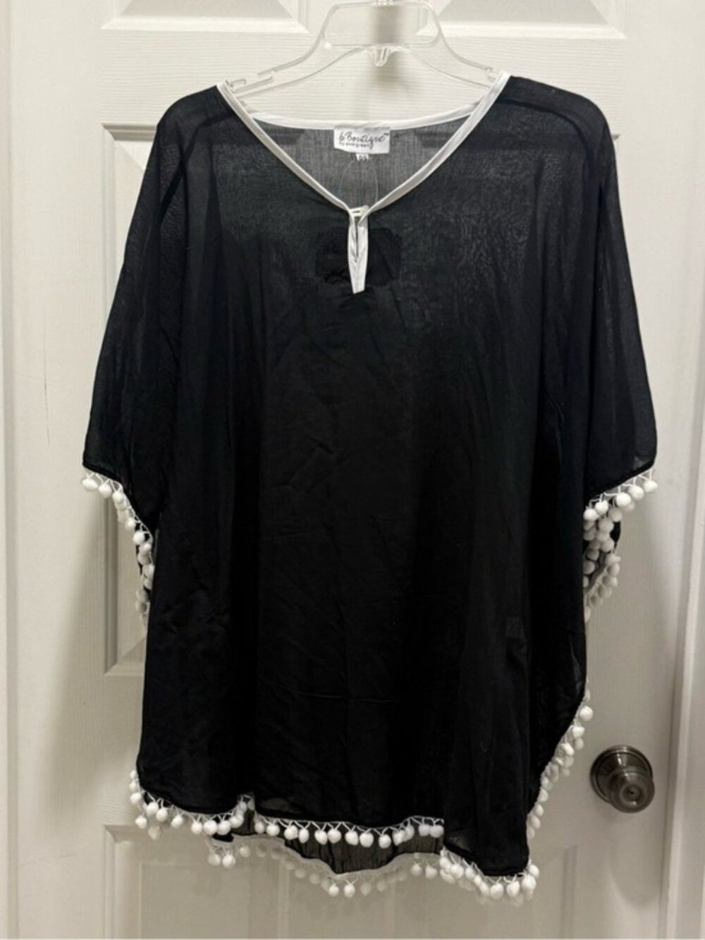 B. Boutique black swim coverup sheer white Pom Poms resortwear vacation beach OS